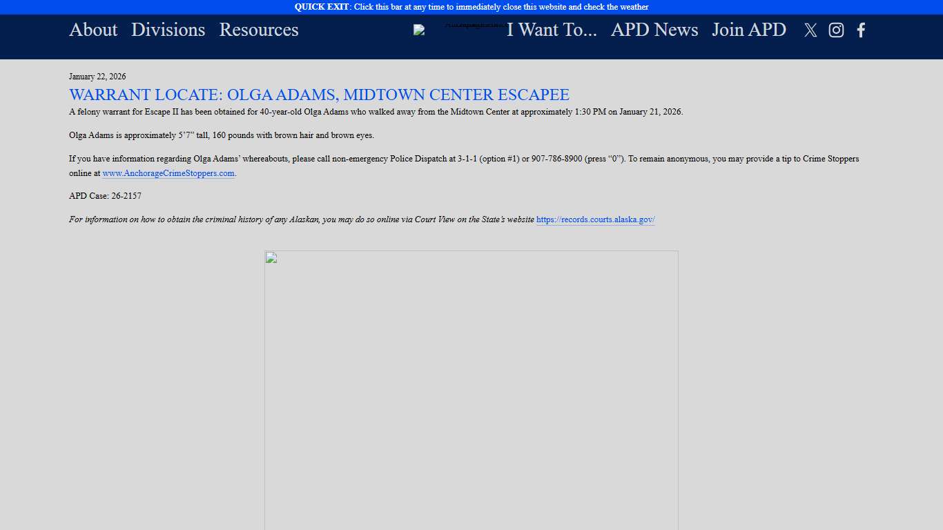 WARRANT LOCATE: OLGA ADAMS, MIDTOWN CENTER ESCAPEE — Anchorage Police Department